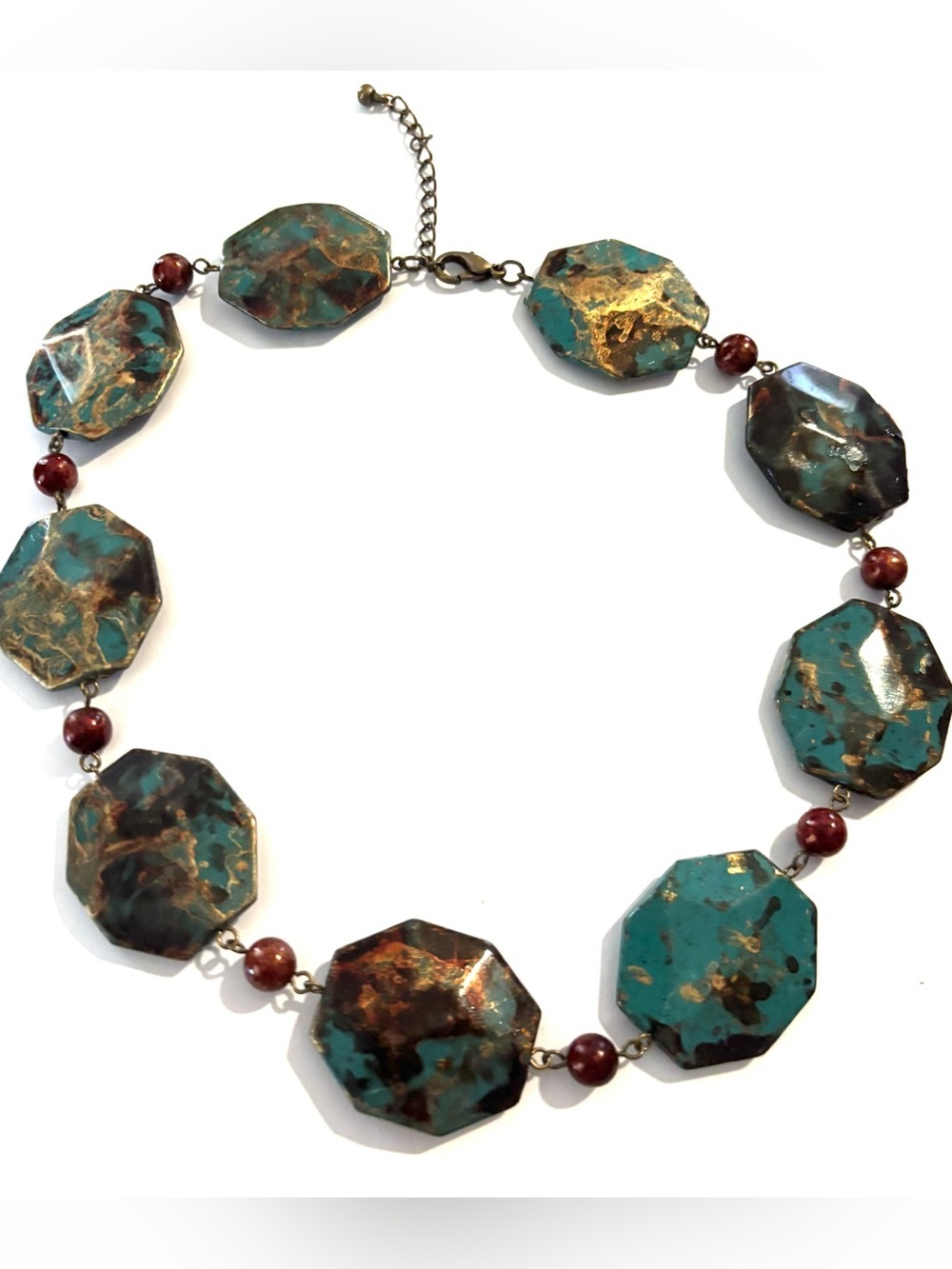 Gold Octagon Bead Necklace with Red Accent Beads
